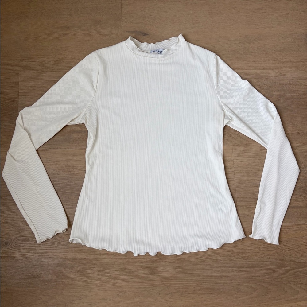 Polagram Cream Ribbed Long-Sleeve Mock Neck Top